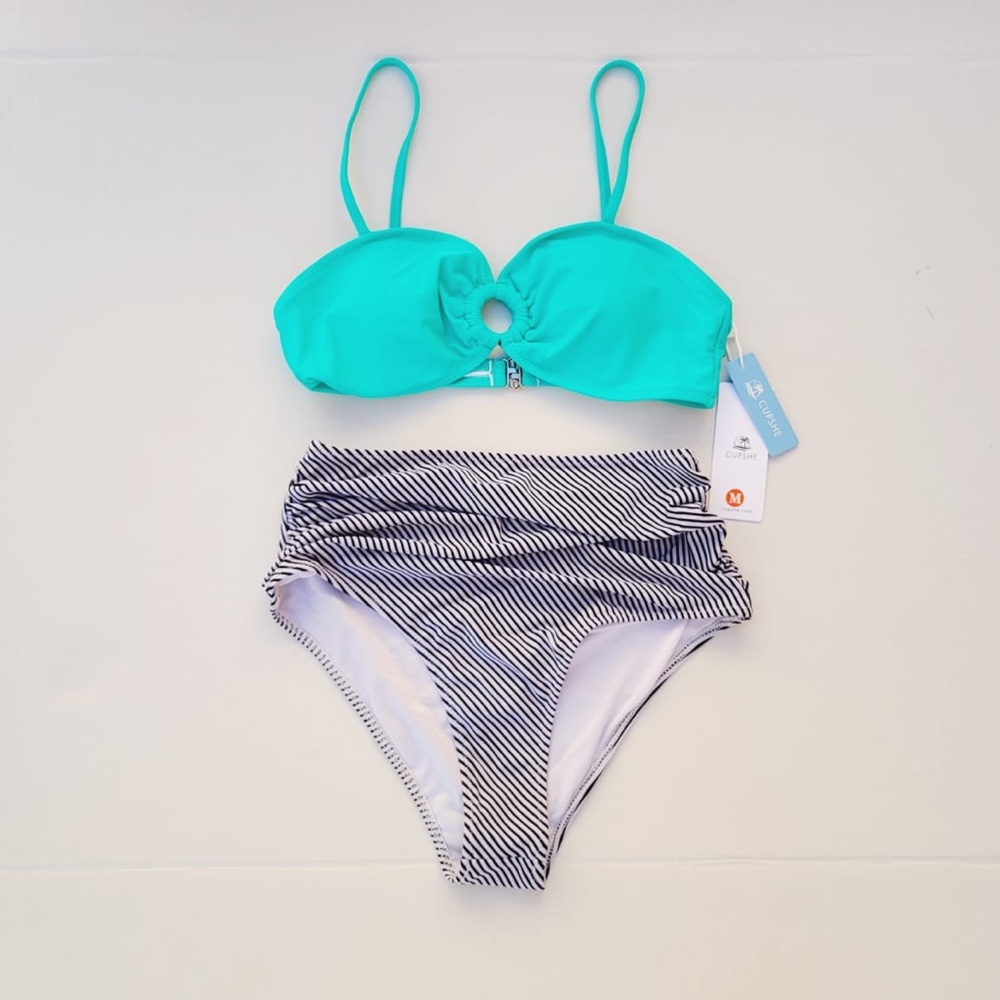 CUPSHE Women's Ruched High Waisted Bikini Set O Ring Two Piece Bathing Suit Med